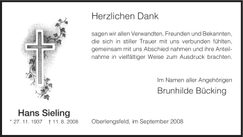 Traueranzeige von Hans Sieling von HERSFELDER ZEITUNG