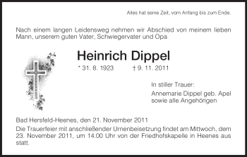 Traueranzeige von Heinrich Dippel von HERSFELDER ZEITUNG