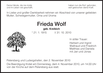 Traueranzeige von Frieda Wolf von HERSFELDER ZEITUNG