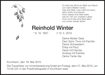 Traueranzeige von Reinhold Winter von HERSFELDER ZEITUNG