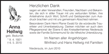 Traueranzeige von Anna Hellwig von HERSFELDER ZEITUNG