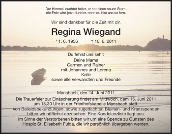 Traueranzeige von Regina Wiegand von HERSFELDER ZEITUNG