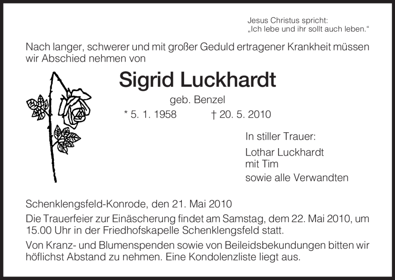  Traueranzeige für Sigrid Luckhardt vom 21.05.2010 aus HERSFELDER ZEITUNG