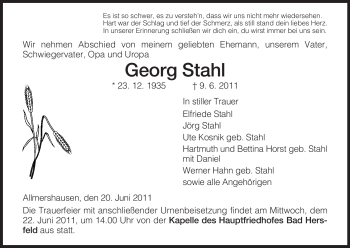 Traueranzeige von Georg Stahl von HERSFELDER ZEITUNG