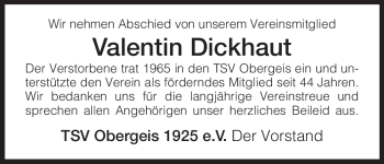 Traueranzeige von Valentin Dickhaut von HERSFELDER ZEITUNG