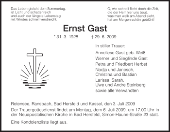 Traueranzeige von Ernst Gast von HERSFELDER ZEITUNG