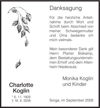 Traueranzeige von Charlotte Koglin von HERSFELDER ZEITUNG