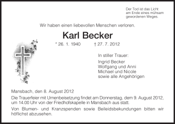 Traueranzeige von Karl Becker von HERSFELDER ZEITUNG