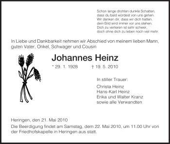 Traueranzeige von Johannes Heinz von HERSFELDER ZEITUNG