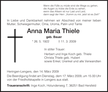 Traueranzeige von Anna Maria Thiele von HERSFELDER ZEITUNG