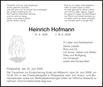 Traueranzeige von Heinrich Hofmann von HERSFELDER ZEITUNG