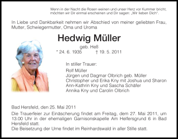 Traueranzeige von Hedwig Müller von HERSFELDER ZEITUNG