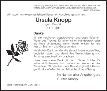 Traueranzeige von Ursual Knopp von HERSFELDER ZEITUNG