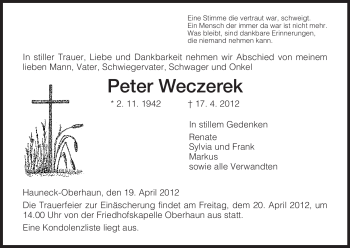 Traueranzeige von Peter Weczerek von HERSFELDER ZEITUNG