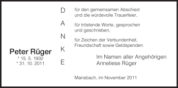 Traueranzeige von Peter Rüger von HERSFELDER ZEITUNG