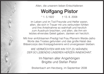 Traueranzeige von Wolfgang Pistor von HERSFELDER ZEITUNG