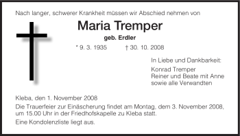 Traueranzeige von Maria Tremper von HERSFELDER ZEITUNG