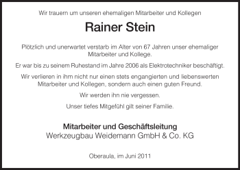 Traueranzeige von Rainer Stein von HERSFELDER ZEITUNG