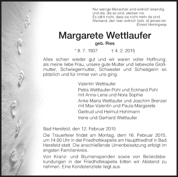 Traueranzeige von Margarete Wettlaufer von Hersfeld
