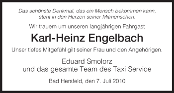 Traueranzeige von Karl-Heinz Engelbach von HERSFELDER ZEITUNG