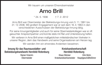 Traueranzeige von Arno Brill von HERSFELDER ZEITUNG