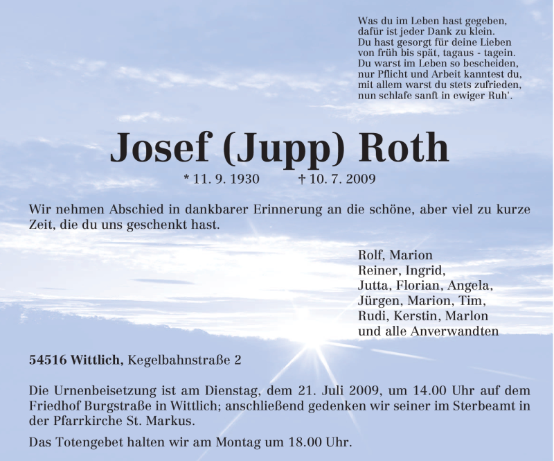  Traueranzeige für Josef Roth vom 15.07.2009 aus HERSFELDER ZEITUNG