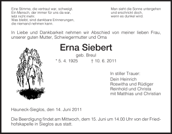 Traueranzeige von Erna Siebert von HERSFELDER ZEITUNG