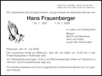 Traueranzeige von Hans Frauenberger von HERSFELDER ZEITUNG