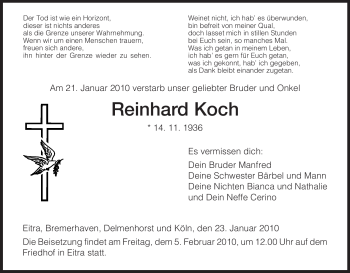 Traueranzeige von Reinhard Koch von HERSFELDER ZEITUNG