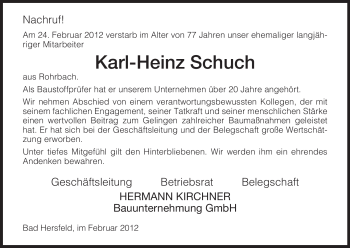 Traueranzeige von Karl-Heinz Schuch von HERSFELDER ZEITUNG