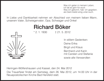 Traueranzeige von Richard Böker von HERSFELDER ZEITUNG