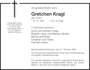 Traueranzeige von Gretchen Kragl von HERSFELDER ZEITUNG