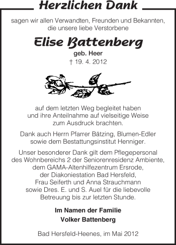 Traueranzeige von Elise Battenberg von HERSFELDER ZEITUNG