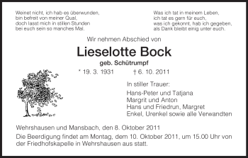 Traueranzeige von Lieselotte Bock von HERSFELDER ZEITUNG