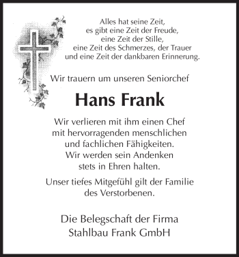 Traueranzeige von Hans Frank von HERSFELDER ZEITUNG