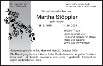 Traueranzeige von Martha Stöppler von HERSFELDER ZEITUNG