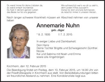 Traueranzeige von Annemarie Nuhn von Hersfeld