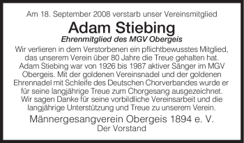 Traueranzeige von Adam Stiebing von HERSFELDER ZEITUNG