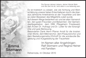 Traueranzeige von Emma Sitzmann von HERSFELDER ZEITUNG