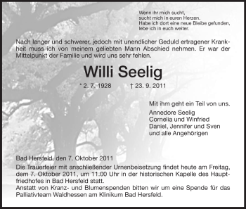 Traueranzeige von Willi Seelig von HERSFELDER ZEITUNG