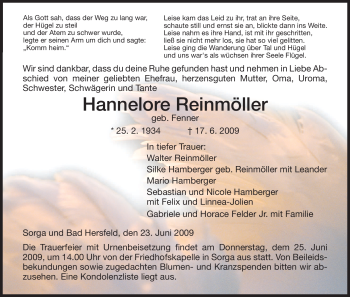 Traueranzeige von Hannelore Reinmöller von HERSFELDER ZEITUNG
