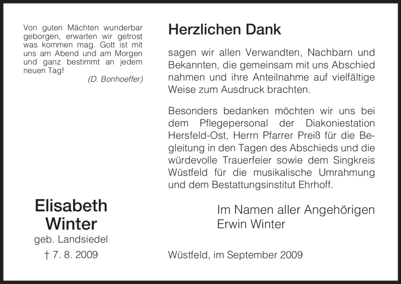  Traueranzeige für Elisabeth Winter vom 12.09.2009 aus HERSFELDER ZEITUNG