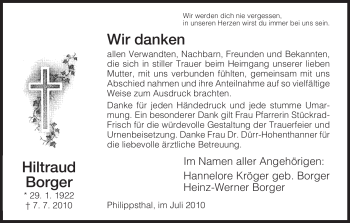 Traueranzeige von Hiltraud Borger von HERSFELDER ZEITUNG
