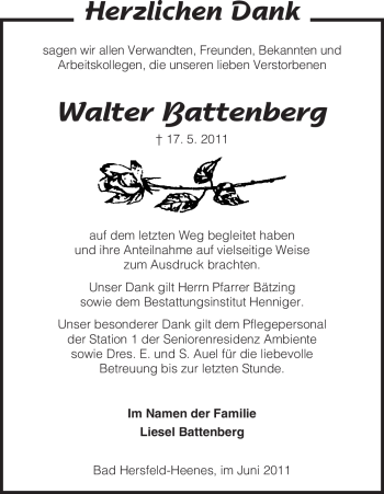 Traueranzeige von Walter Battenberg von HERSFELDER ZEITUNG