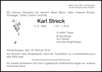 Traueranzeige von Karl Streck von HERSFELDER ZEITUNG