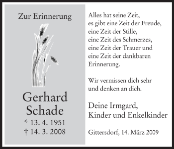Traueranzeige von Gerhard Schade von HERSFELDER ZEITUNG