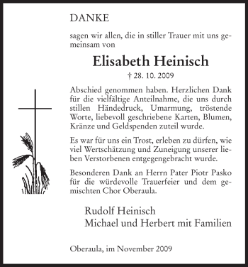 Traueranzeige von Elisabeth Heinisch von HERSFELDER ZEITUNG