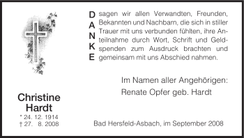 Traueranzeige von Christine Hardt von HERSFELDER ZEITUNG