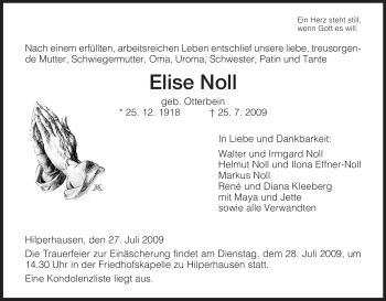 Traueranzeige von Elise Noll von HERSFELDER ZEITUNG