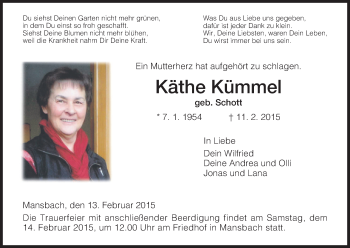 Traueranzeige von Käthe Kümmel von Hersfeld